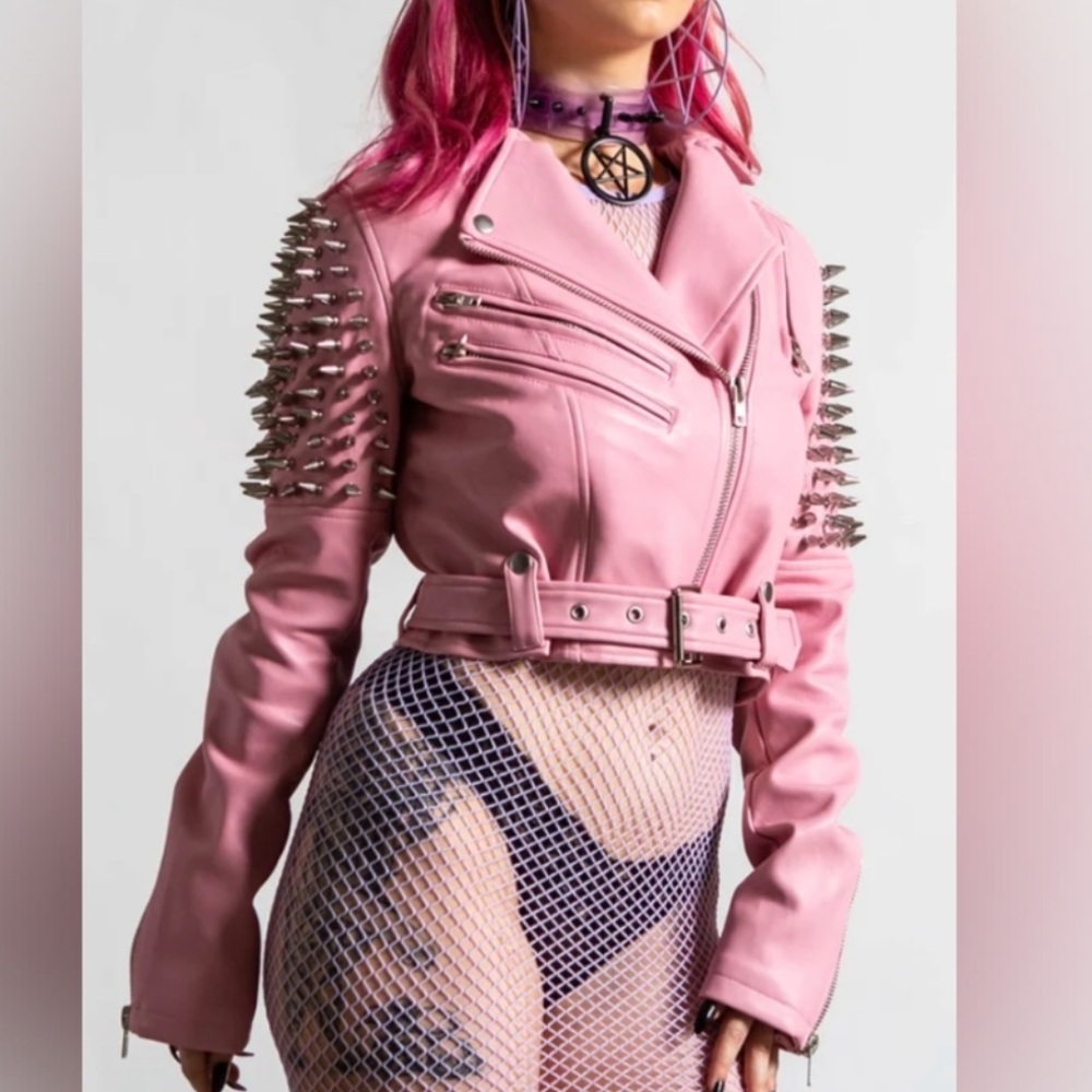 RARE Sold Out Killstar Pink Leather Moto Jacket with Studded Shoulders